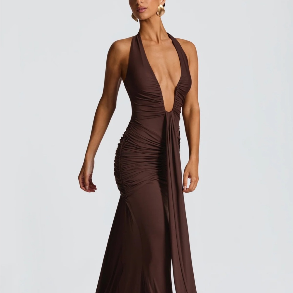 Backless Deep V Halter Evening Gown - Brown